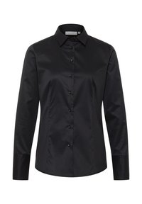 Schwarzes Langarmshirt aus glattem Stoff, mit klassischem Kragen, vorderem Knopfverschluss und taillierter Passform.