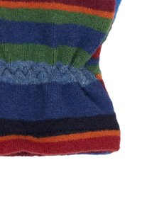 Tessuto lavorato a maglia a righe multicolori, con tonalità di blu, verde, rosso e arancione. Testurizzato con polsino elastico e superficie liscia.