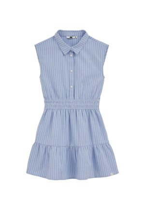 Bezrukávové svetlomodré šaty s bielymi zvislými pruhmi, zapínané na gombíky vpredu, s golierikom, elastickým pásom a volánikovým lemom.