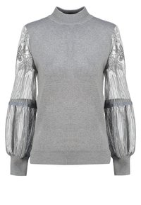 Gray knit sweater featuring a high neck, fitted body, and shiny silver-textured balloon sleeves with a cuff at the wrist.
