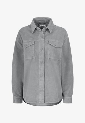 Gray corduroy shirt with a button-up front, two chest pockets, and a classic collar. Long sleeves with buttoned cuffs and a curved hem.