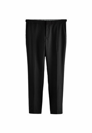 Pantalones negros ajustados de tela suave, con bolsillos laterales y un diseño de pierna recta con sutiles pliegues frontales.