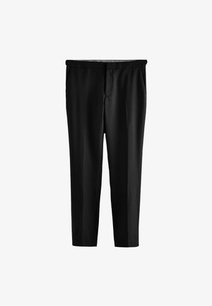 Musta räätälöity housut, jotka on valmistettu sileästä kankaasta, ja joissa on sivutaskut sekä suora lahje, jossa on hillityt etupleesa.