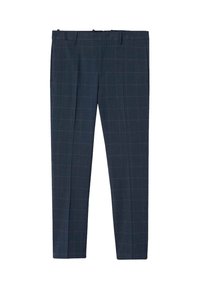 Tmavě modré kalhoty s mřížkovým vzorem, vyrobené z hladké tkaniny. Mají rovný střih a standardní pás.