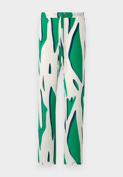 Witte broek met een gedurfd abstract patroon in groen en marineblauw. Ontworpen met een rechte pijp en sluiting met een knoop.