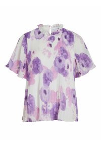 Fladdrande blommig blus i lätt tyg, med volangkrage, korta svävande ärmar och mönster av lila och rosa blommor.