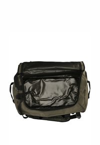 Oliven grøn messenger taske med en sort topsektion, vandtæt materiale, stor lynlåsåbning og justerbare stropper. Har et rummeligt indre.