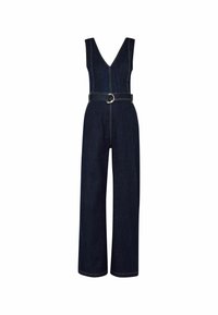 Combinaison en jean bleu foncé sans manches avec un décolleté en V profond, des jambes larges et une ceinture assortie avec une boucle circulaire argentée.