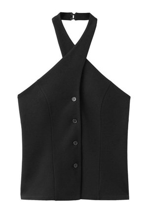Schwarzes Neckholder-Oberteil mit Überkreuz-Design, fünf Knöpfen auf der Vorderseite, gefertigt aus glattem, elastischem Stoff. Keine zusätzlichen Verzierungen.