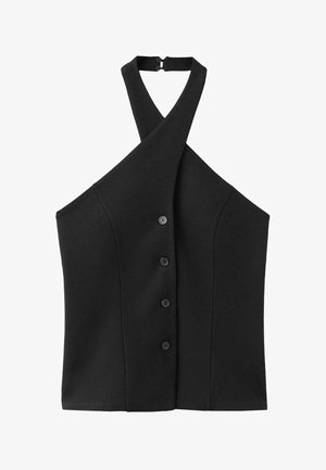 Top negru tip halter cu design încrucișat, cinci nasturi în față, realizat dintr-un material neted și elastic. Fără alte ornamente.