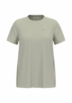 T-shirt vert clair à manches courtes en tissu lisse. Doté d'un col rond et d'un petit logo sur la poitrine. Coupe classique avec des accents sur les côtés.