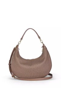 Hobo-tas van lichtbruin gestructureerd materiaal, met een gebogen vorm, ritssluiting en accenten van goudkleurige hardware. Verstelbare schouderriem.