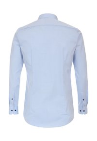 Light blue long-sleeve shirt featuring a classic collar, button cuffs with black buttons, and a smooth texture. Back view shows tailored shape.