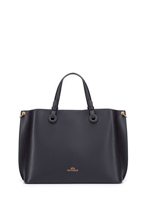 Zwarte leren tote tas met twee handvatten en hardware in goudkleur, met een klein goudkleurig merklogo onderaan in het midden.