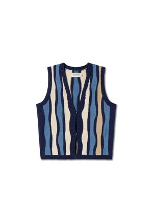 Cardigan senza maniche lavorato a maglia, caratterizzato da onde verticali di blu navy, azzurro e beige. Design con scollo a V e chiusura con bottoni sul davanti.