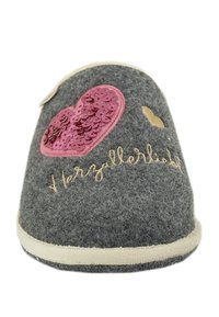 Gray felt slipper with a pink sequin heart accent, embroidered text, and a cream-colored trim along the base. Soft texture, rounded shape.