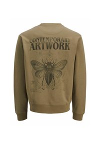 Sudadera verde oliva con cuello redondo, que presenta un gran gráfico negro de una polilla y el texto "ARTE CONTEMPORÁNEO" en la parte trasera.
