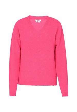 Roze V-hals trui gemaakt van zachte stof, met lange mouwen en een geribbelde afwerking bij de halslijn en de zoom voor een textuurdetails.