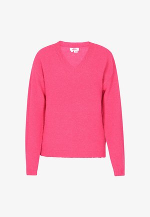 Roosa V-kaelusega kampsun pehmest kangast, millel on pikad varrukad ja soonikserv kaeluses ja allservas, et lisada tekstuuri.