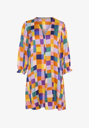 Värviline põlvedooni kleit, millel on ruuduline mustre koos lilla, oranži, kollase ja rohelise varjundiga; V-kaelus ja puffhõlmad elastsete mansettidega.