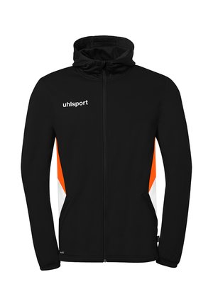 Schwarze Kapuzenjacke mit Reißverschluss, orange und weißen Seitenpaneelen, elastischen Bündchen und "uhlsport"-Logo auf der linken Brust.