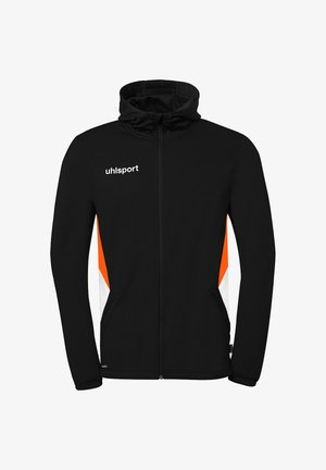 Zwarte capuchonjas met ritssluiting, oranje en witte zijkanten, elastische manchetten en het "uhlsport"-logo op de linkerborst.