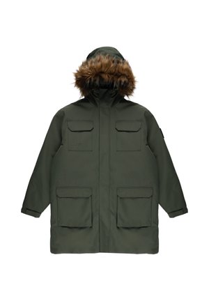 Zielona parka z kapturem wykończonym sztucznym futrem, zapinana na zamek i guziki, z czterema przednimi kieszeniami oraz fakturowanym wykończeniem tkaniny.
