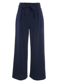 Pantalons larges bleu marine à taille haute, avec des plis, des passants de ceinture et une ceinture en tissu nouée sur le devant.