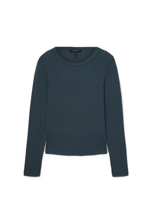 Maglietta a maniche lunghe a girocollo in verde scuro, realizzata in tessuto morbido e leggero. Presenta un orlo dritto e dettagli di cucitura minimi.