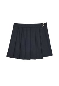 Jupe plissée noire avec des rayures, dotée d'une taille plate et d'un détail en anneau doré sur le côté pour accentuer le style.