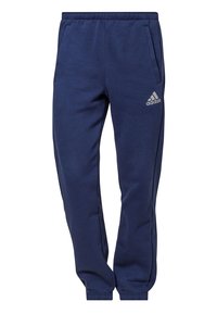 Tummansininen Adidas-housut elastisella vyötäröllä ja hihansuissa, sivutaskuilla, sekä valkoisella Adidas-logolla vasemmalla reidellä.