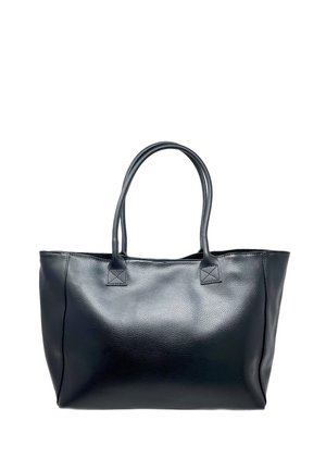 Borsa a tracolla nera in pelle con texture liscia, due manici robusti, forma rettangolare e senza hardware o decorazioni visibili.