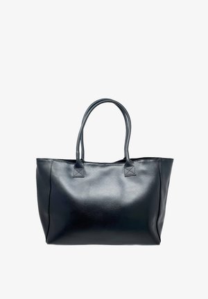 Schwarze Leder-Tote mit glatter Textur, zwei stabilen Griffen, rechteckiger Form und ohne sichtbare Beschläge oder Verzierungen.