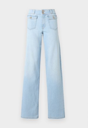 Lichtblauwe jeans met wijde pijpen en een hoge taille, voorzien van klepzakken aan de voorkant die worden gesloten met knopen, en een dubbele knoopsluiting aan de tailleband.