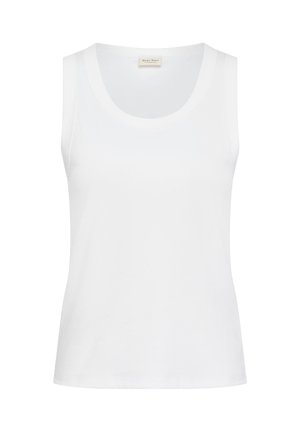 Camiseta sin mangas blanca con escote redondo, dobladillo recto y etiqueta de marca visible en el interior del cuello.