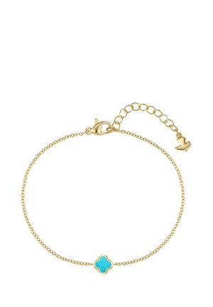 Fijn gouden kettingarmband met een centrale turkooise klavertjevier bedel en een verstelbare sluiting met een klein kroontjesbedeltje.