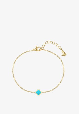 Õrn kuldne kettkäevõru, mille keskel on türkiissinine neljaleheline ristikheina ripats ning reguleeritav kinnis väikese kroonripatsiga.