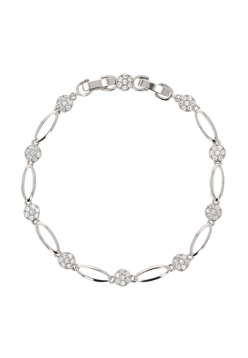 Stříbrný náramek s alternativními oválnými články a kulatými, třpytivými kameny. Hladký povrch s lesklým finišem a bezpečným zapínáním.