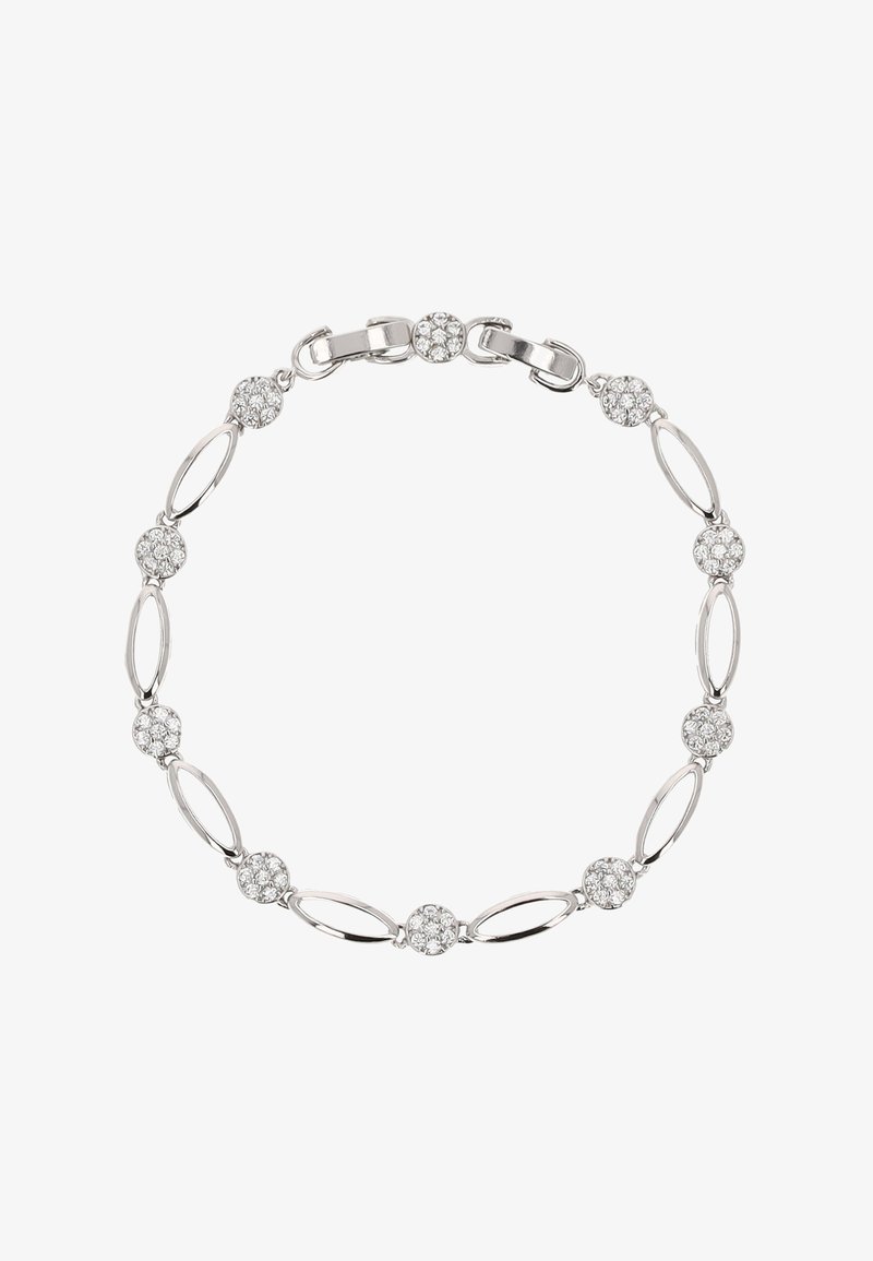 Srebrna narukvica s izmjeničnim ovalnim karikama i okruglim, sjajnim kamenčićima. Glatka površina s poliranim završetkom i sigurnom kopčom.