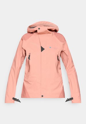 Wasserfeste rosa Jacke mit Kapuze, ausgestattet mit Reißverschlusstaschen, diagonalen Akzenten und verstellbaren Bündchen für einen sicheren Sitz.