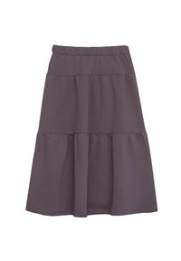 Szara bawełniana spódnica midi z wielowarstwowym designem i elastyczną talią. Gładka faktura, długość do kolan i casualowy styl. Brak widocznych wzorów lub akcentów.