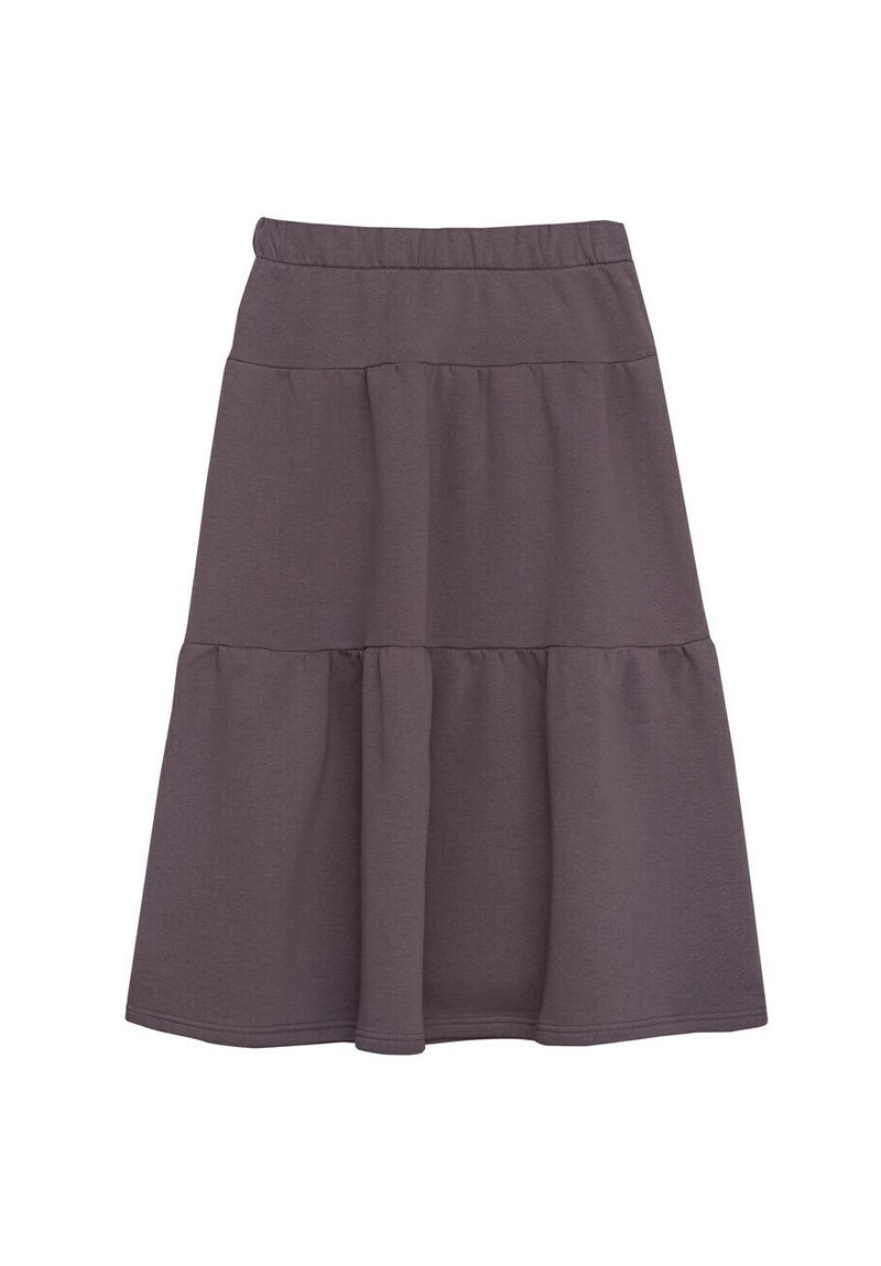 Szara bawełniana spódnica midi z wielowarstwowym designem i elastyczną talią. Gładka faktura, długość do kolan i casualowy styl. Brak widocznych wzorów lub akcentów.