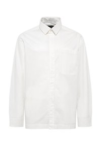 White long-sleeve button-up shirt made of cotton, featuring a pointed collar, front pocket, and a smooth, lightweight texture.