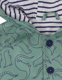 Imperméable vert avec des motifs de dinosaures violets, doté d'une doublure de capuche rayée en blanc et bleu marine, et de boutons bleus pour la fermeture.