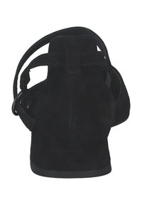 Czarne zamszowe buty za kostkę na cienkim obcasie, z krzyżującymi się paskami z tyłu i gładką teksturą.