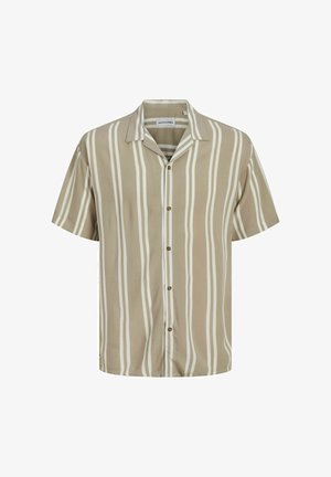Koszula z krótkim rękawem, z kołnierzykiem w kolorze jasnobrązowym z pionowymi kremowymi paskami, z brązowymi guzikami i luźnym krojem. Wykonana z lekkiego materiału.