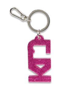 Chaveiro em acrílico rosa com glitter, na forma de uma letra 'G' estilizada, preso a um anel de metal prateado com um clipe.