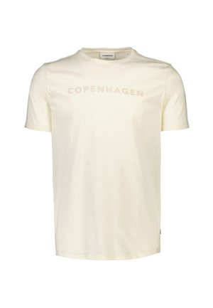 Kremowa bawełniana koszulka z krótkim rękawem, o gładkiej fakturze, z napisem "COPENHAGEN" w jasnym beżu na klatce piersiowej.