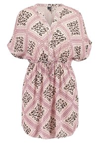 Pink short-sleeve dress with black leopard spots and geometric patterns, a V-neck, button front, and adjustable waist tie.