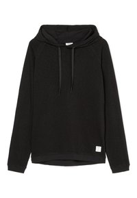 Czarna bluza z kapturem, wykonana z miękkiego materiału, z dużym kapturem, sznurkiem do regulacji i małą metką marki na dolnym wykończeniu.